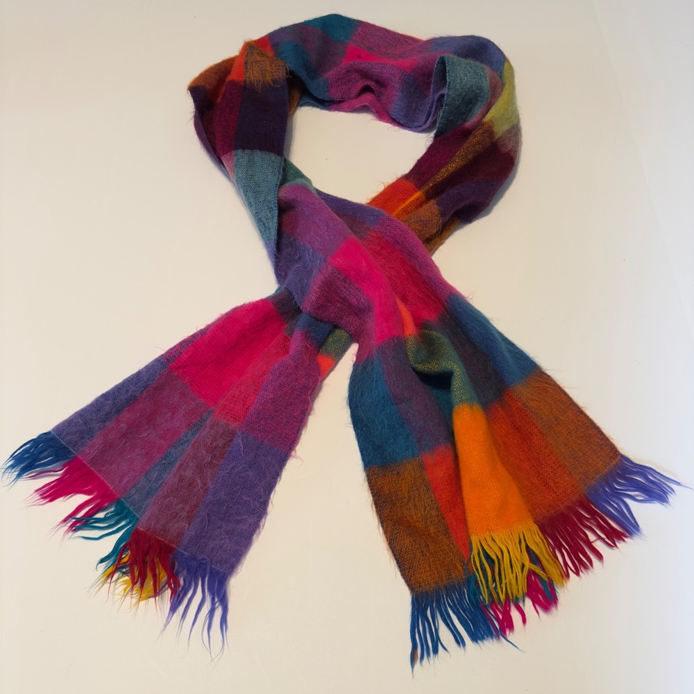 Unbranded Plaid Scarf Multi Color Fuzzy Fringe Y2K OS Rainbow Checkered Wrap